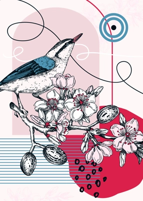 Collage style nuthatch vector illustration. Hand drawn bird on blooming almond branch with flowers, nuts and leaves. Trendy design with botanical, geometric shapes, and abstract elements.